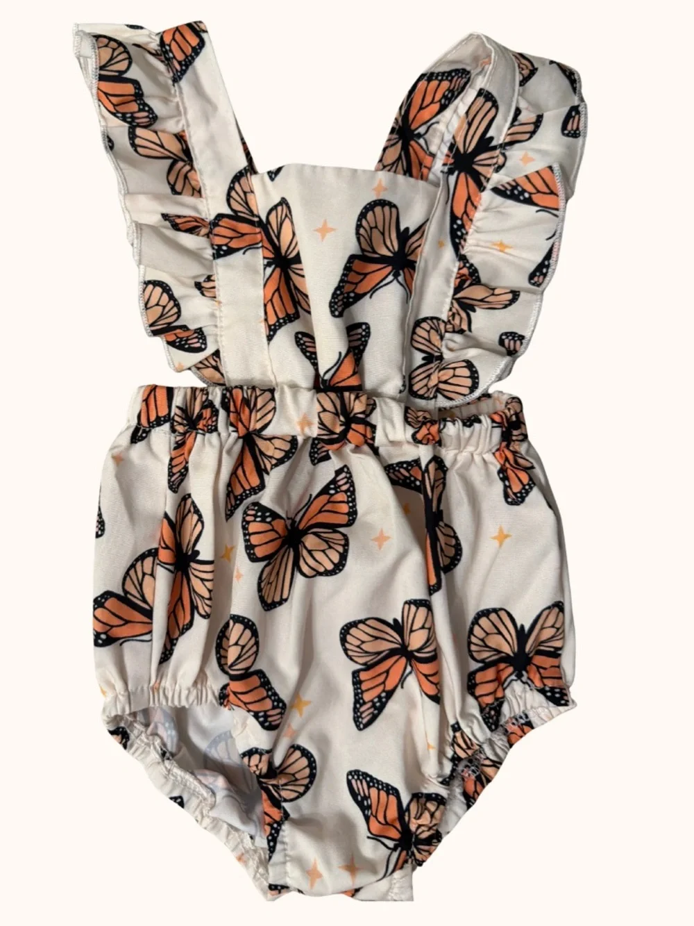 Cream & Orange Butterfly Ruffle-Strap Baby Romper